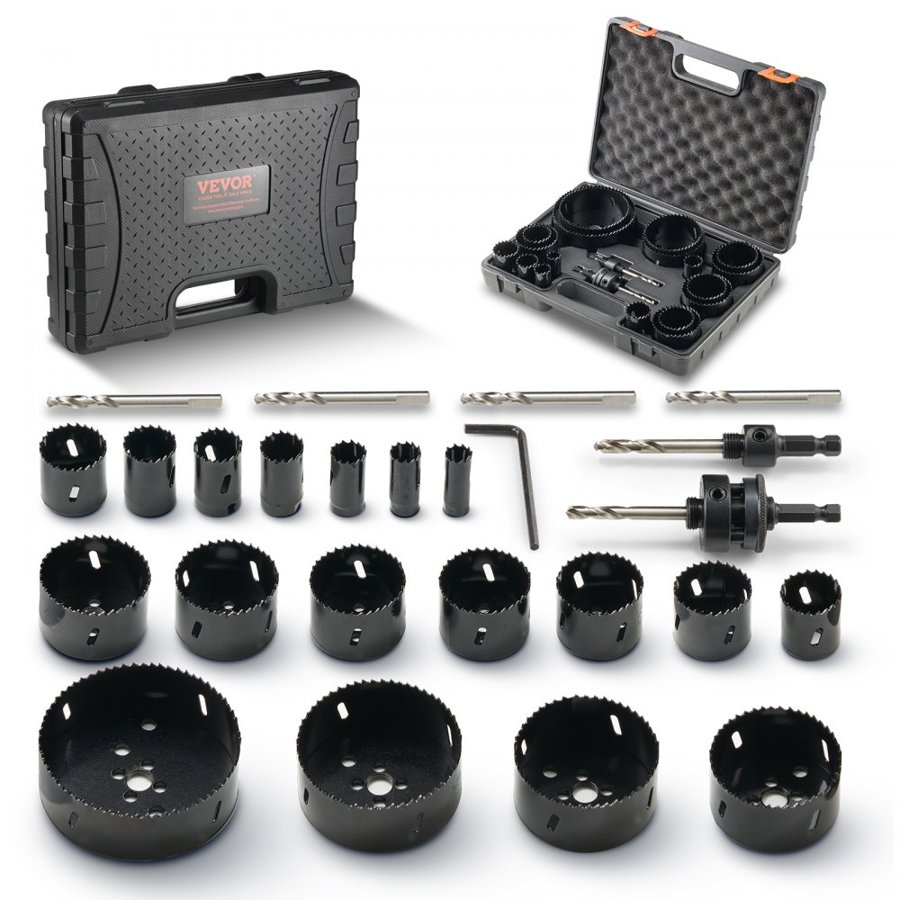 VEVOR Hole Saw Kit, 18 PCS Saw Blades, 6 Drill Bits, 1 Hex Wrench, Bi Metal M42 Hole Saw Set with Carrying Case, General Purpose Size from 1.9cm to 11.4cm, Ideal for Wood Board, Iron and Plastic Plate