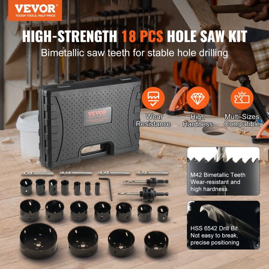 VEVOR Hole Saw Kit, 18 PCS Saw Blades, 6 Drill Bits, 1 Hex Wrench, Bi Metal M42 Hole Saw Set with Carrying Case, General Purpose Size from 1.9cm to 11.4cm, Ideal for Wood Board, Iron and Plastic Plate
