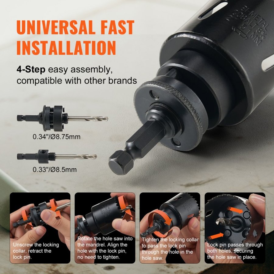 VEVOR Hole Saw Kit, 18 PCS Saw Blades, 6 Drill Bits, 1 Hex Wrench, Bi Metal M42 Hole Saw Set with Carrying Case, General Purpose Size from 1.9cm to 11.4cm, Ideal for Wood Board, Iron and Plastic Plate