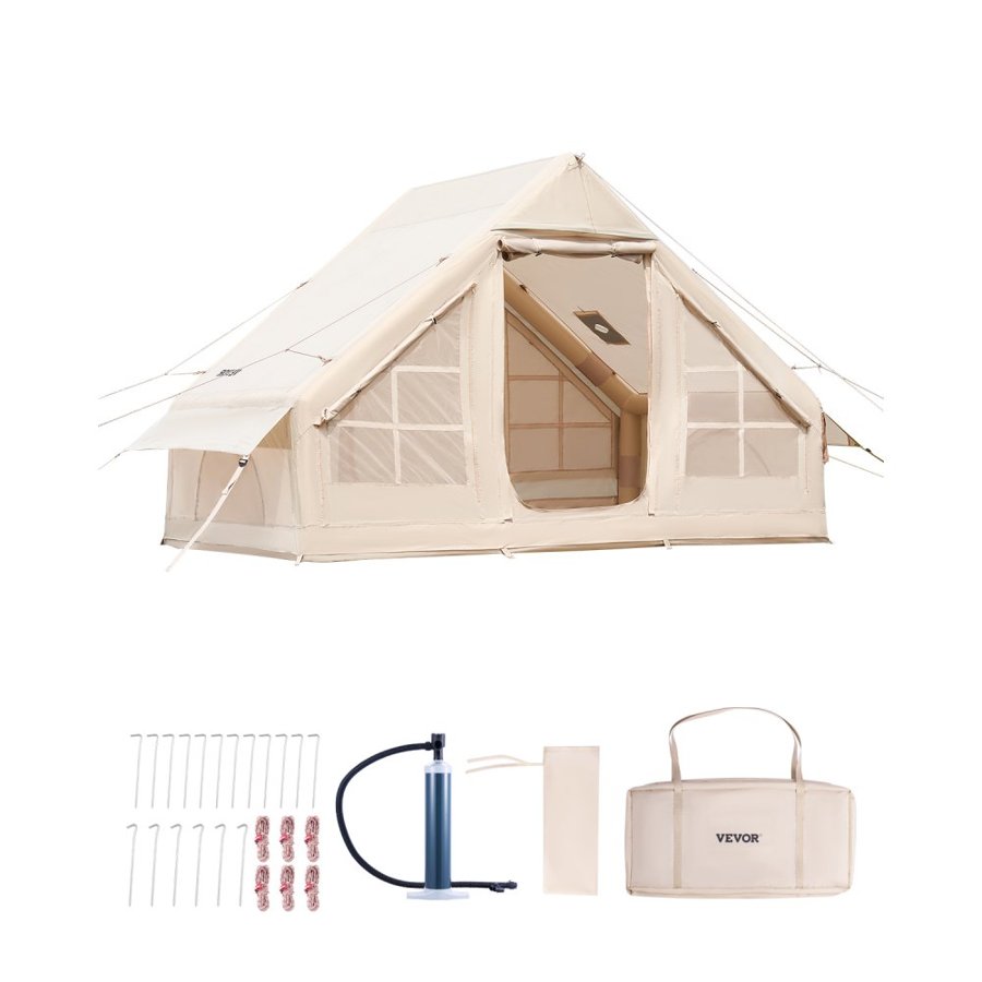 VEVOR Inflatable Tents for Camping, 3-5 Person Easy Setup Blow up Tent with Hand Pump, 300D Oxford 4 Season Glamping Tent with Stove Jack 2 Doors & 2 Mesh Windows, Storage Bag Included for Easy Taking