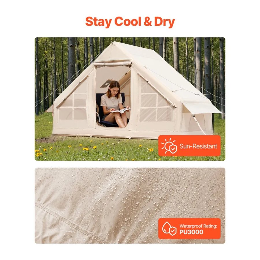 VEVOR Inflatable Tents for Camping, 3-5 Person Easy Setup Blow up Tent with Hand Pump, 300D Oxford 4 Season Glamping Tent with Stove Jack 2 Doors & 2 Mesh Windows, Storage Bag Included for Easy Taking