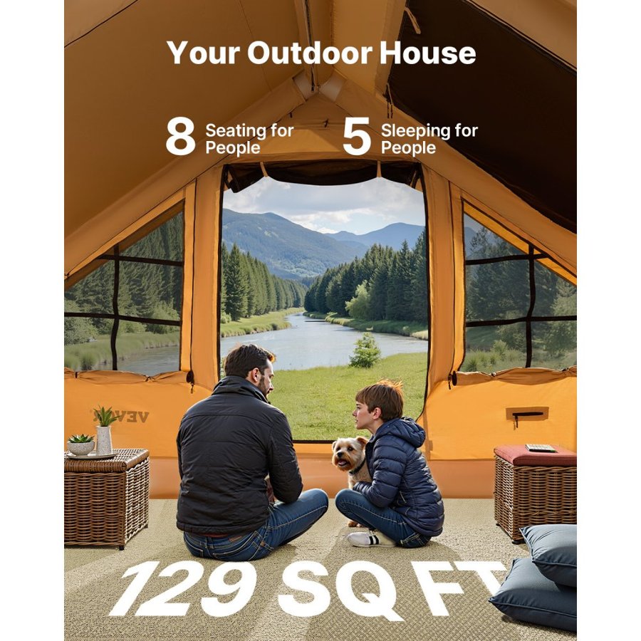VEVOR Blow Up Tent for Camping – 5-8 Person, 129 SQ.FT
