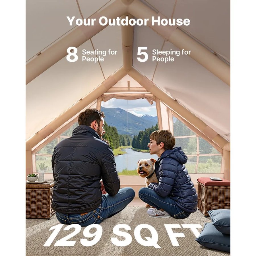 VEVOR Inflatable Tents for Camping, 5-8 Person Easy Setup Blow up Tent with Hand Pump, 300D Oxford Glamping Tent with Stove Jack 2 Doors & 4 Mesh Windows, Storage Bag Included for Easy Taking