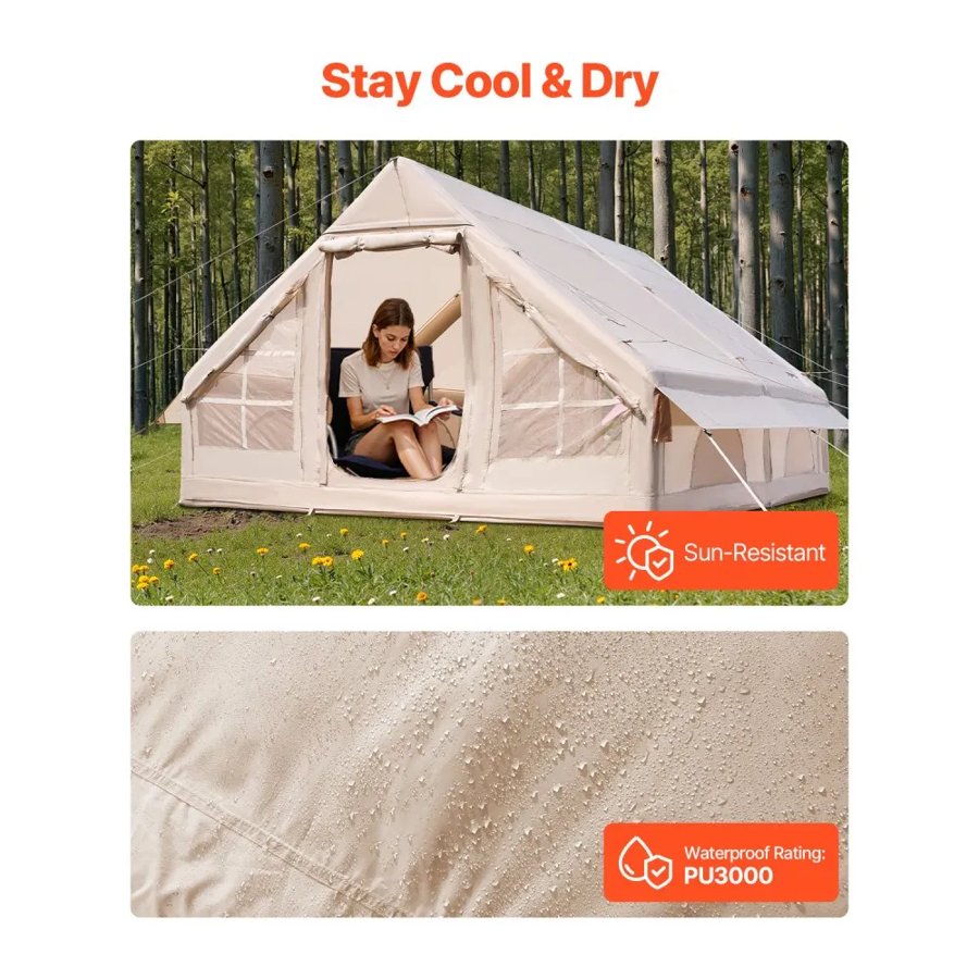 VEVOR Inflatable Tents for Camping, 5-8 Person Easy Setup Blow up Tent with Hand Pump, 300D Oxford Glamping Tent with Stove Jack 2 Doors & 4 Mesh Windows, Storage Bag Included for Easy Taking