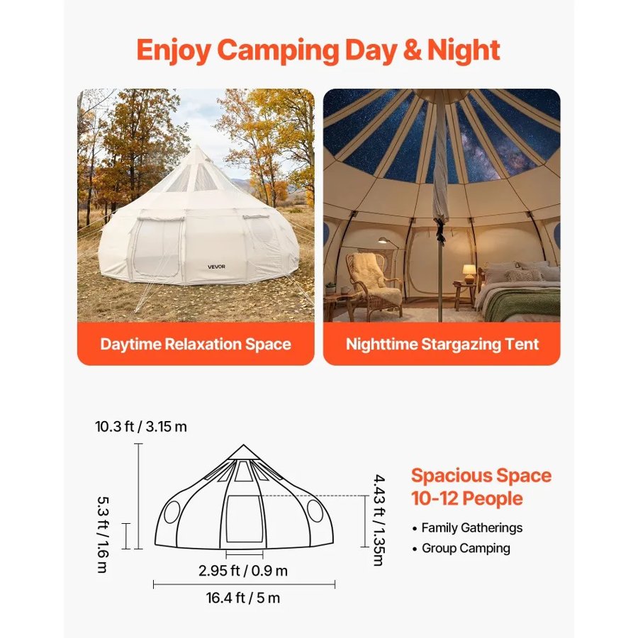 VEVOR Yurt Tent for Camping – 5 m, 10.3 ft Peak, 12 People