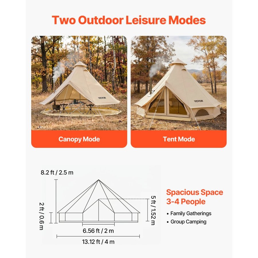 VEVOR 4 Meter Bell Tent – 13.12 ft, 8.2 ft Peak, 4 People