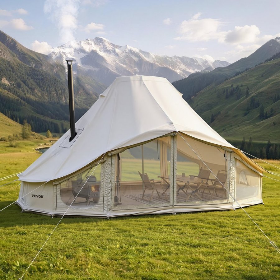 VEVOR Canvas Bell Tent, 4 Seasons 6 x 4 x 3.1 m Yurt Tent for Camping with Stove Jack, Poly-Cotton Breathable Holds up to 12 People with Rain Cover, for Family Camping Glamping Outdoor Hunting Party