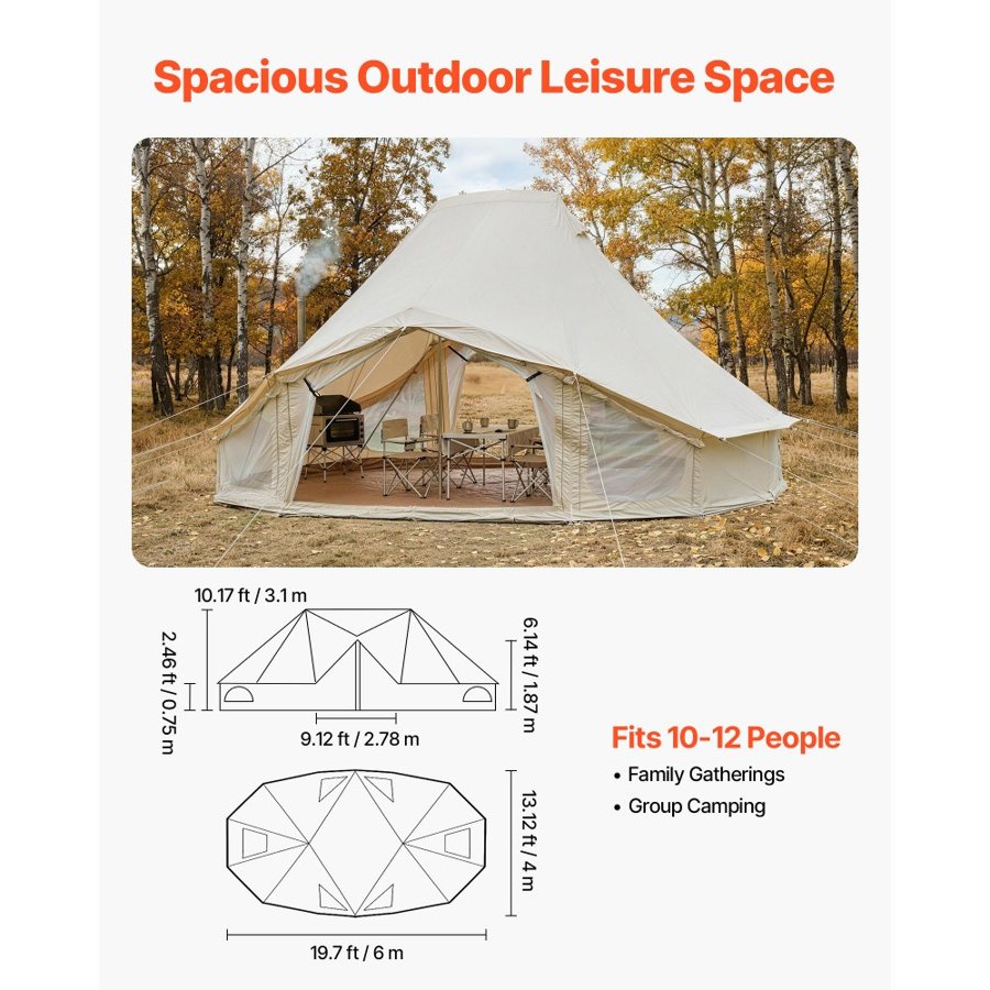 VEVOR Canvas Bell Tent, 4 Seasons 6 x 4 x 3.1 m Yurt Tent for Camping with Stove Jack, Poly-Cotton Breathable Holds up to 12 People with Rain Cover, for Family Camping Glamping Outdoor Hunting Party