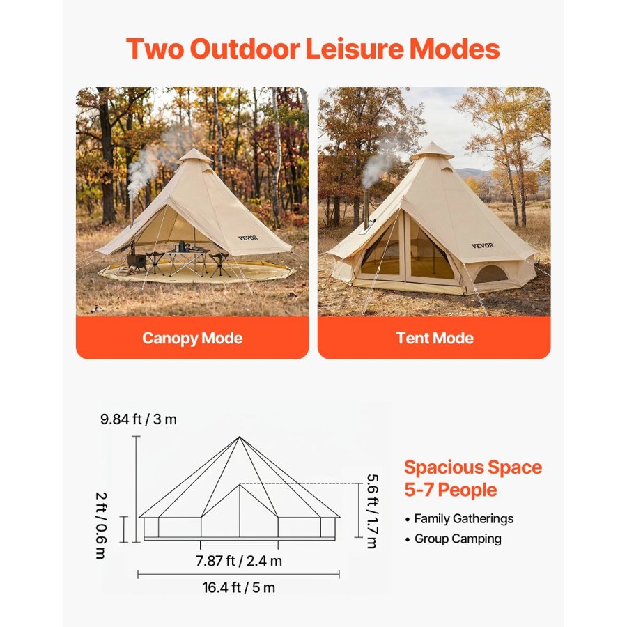 VEVOR Oxford Bell Tent, 4 Seasons 5 m Yurt Tent for Camping with Stove Jack, Waterproof Breathable Holds up to 7 People with Zipped Detachable Floor, Family Camping Glamping Outdoor Hunting Party