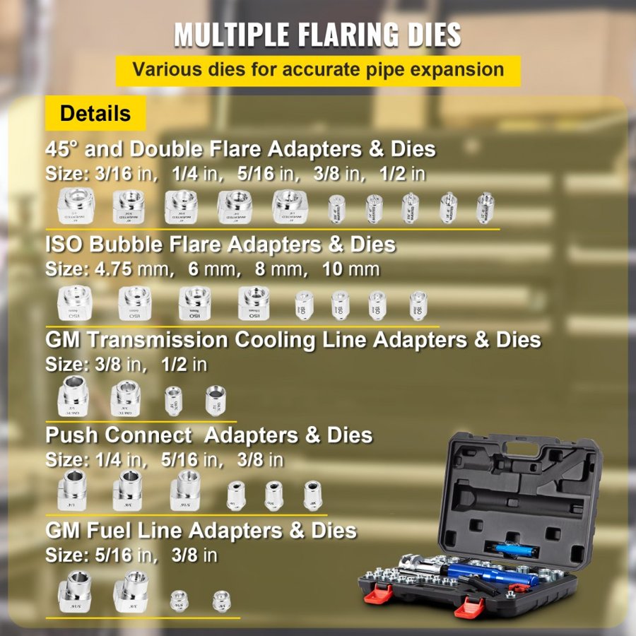 VEVOR Hydraulic Flaring Tool Kit, 45° Double Flaring Tool, Brake Repair Brake Flaring Tools for 3/16"-1/2", Brake Flare Tool with Tube Cutter and Deburrer, 30 PCS Tube Flaring Tools for Copper Lines