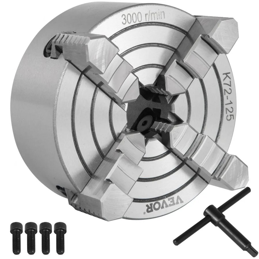 VEVOR K72-125 5 Inch Lathe Chuck Independent Reversible Jaw 125MM Metal Turning Machine Accessories for Mini Metal Lathe Machine 4 Jaw Lathe Chuck