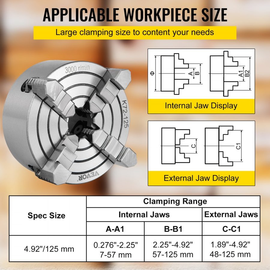 VEVOR K72-125 5 Inch Lathe Chuck Independent Reversible Jaw 125MM Metal Turning Machine Accessories for Mini Metal Lathe Machine 4 Jaw Lathe Chuck