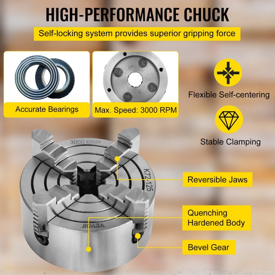 VEVOR K72-125 5 Inch Lathe Chuck Independent Reversible Jaw 125MM Metal Turning Machine Accessories for Mini Metal Lathe Machine 4 Jaw Lathe Chuck
