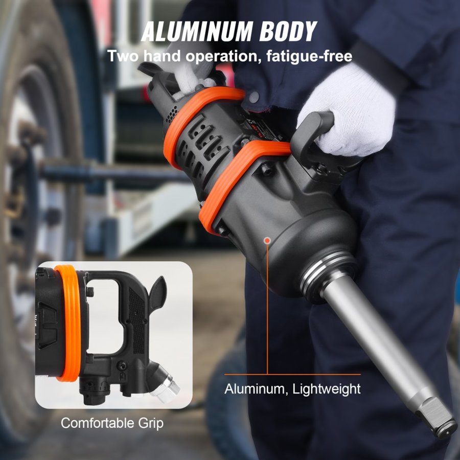 VEVOR 2.5 cm Air Impact Wrench, Up to 7016.37 N·m Beast Reverse Torque Output Pneumatic Impact Gun w/ 20cm Extended Anvil for Repairs and Maintenance of Heavy Duty Machinery / Semi-Truck / Bus