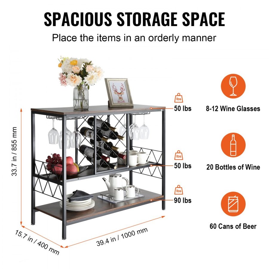 VEVOR 40 Inch Industrial Bar Cabinet, Wine Table for Liquor and Glasses, Sideboard Buffet Cabinet with Glass Holder & Wine Rack, Freestanding Farmhouse Wood Coffee Bar Cabinet for Living Room Home Bar