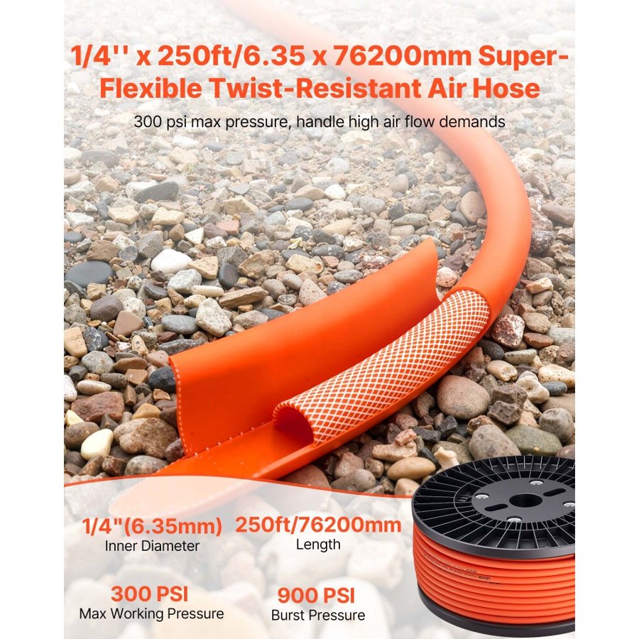 VEVOR Hybrid Air Hose – 1/4 in x 250 ft, 300 PSI, Orange