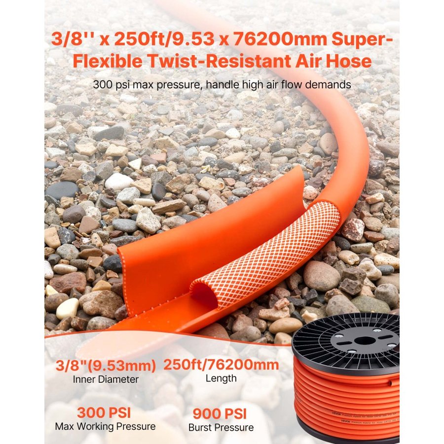 VEVOR 3/8 Air Compressor Hose – 250 ft Hybrid, 300 PSI
