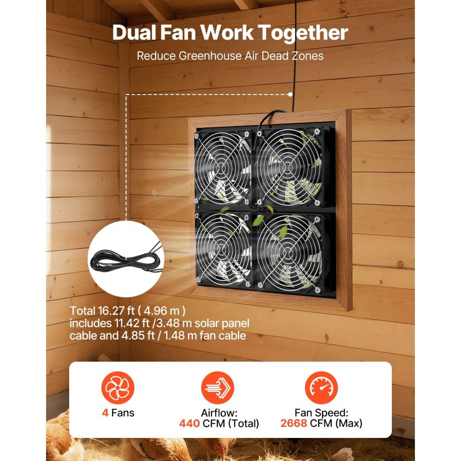 VEVOR Solar Powered Fan, 25W Solar Panel with 4 Fans, Adjustable Solar Panel Angle, 2668 RPM High-Speed, Flexible Installation, Fast Air Exchange for Greenhouse, Grow Tents, Chicken Coops, Shelters
