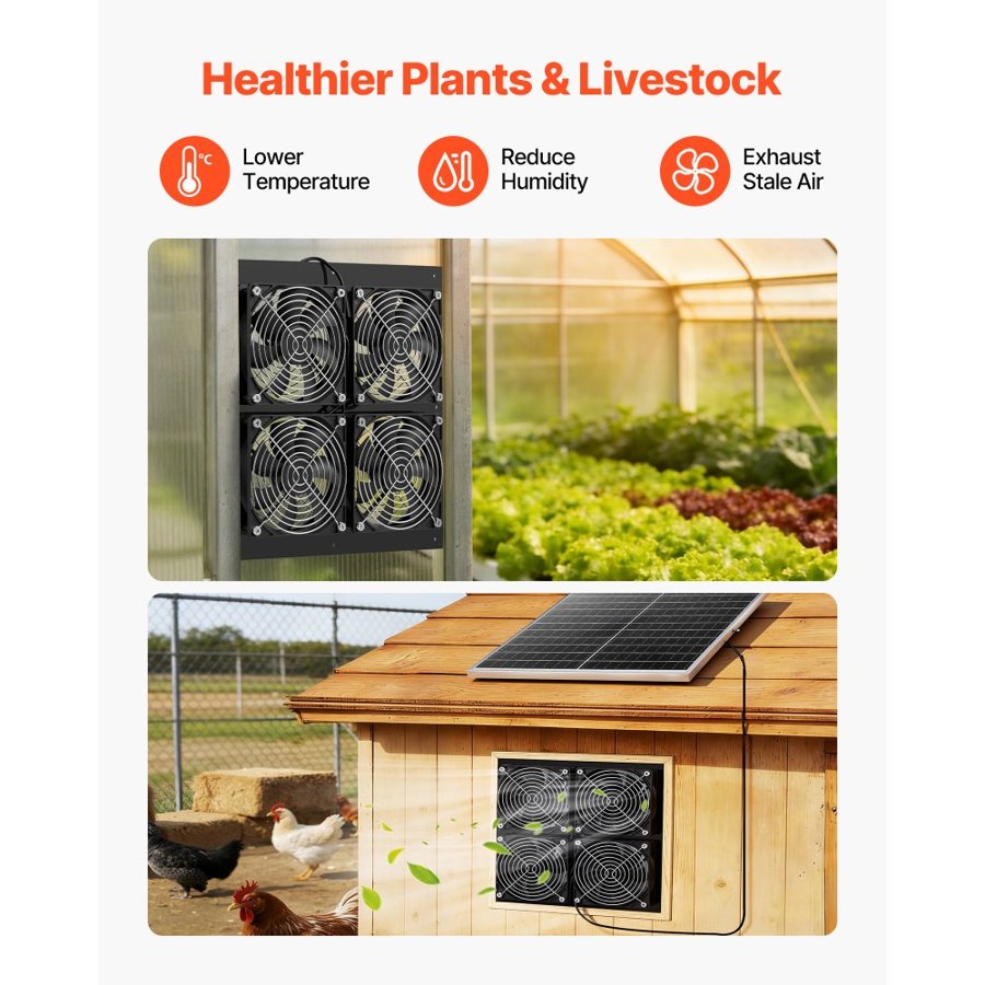 VEVOR Solar Powered Fan, 25W Solar Panel with 4 Fans, Adjustable Solar Panel Angle, 2668 RPM High-Speed, Flexible Installation, Fast Air Exchange for Greenhouse, Grow Tents, Chicken Coops, Shelters