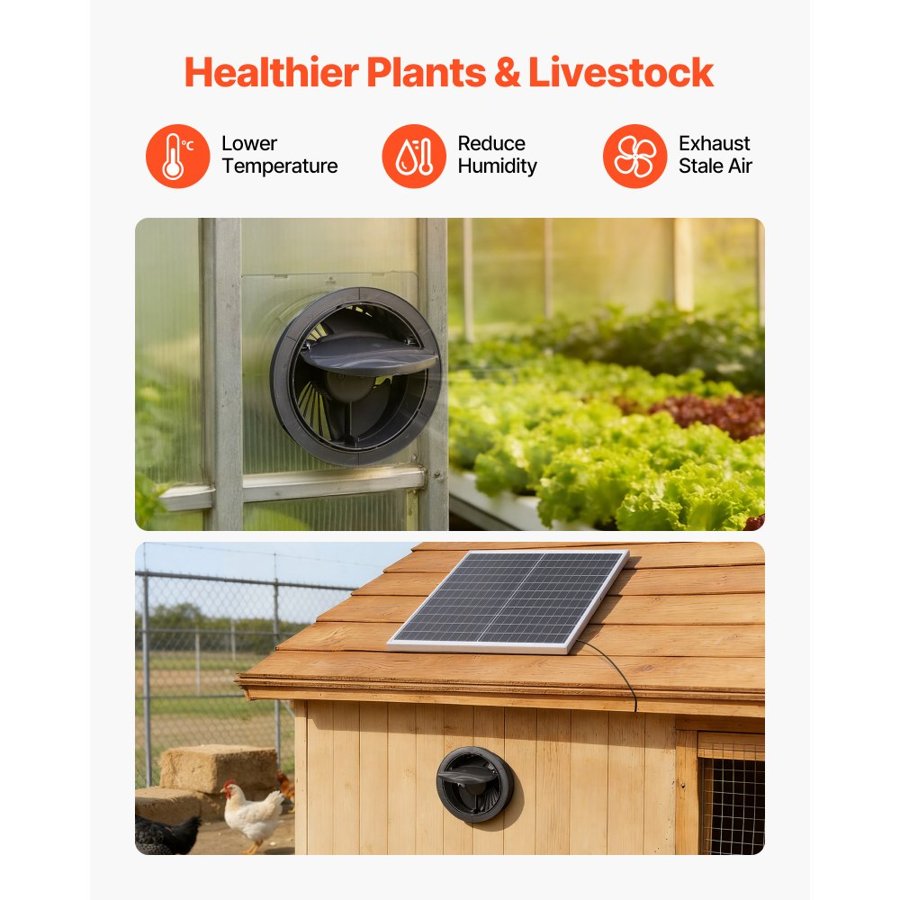 VEVOR Solar Powered Fan, 25W Solar Panel with 220 CFM Airflow, Adjustable Panel Angle, 2030 RPM High-Speed, Flexible Install, Fast Air Exchange for Greenhouse, Grow Tents, Chicken Coops, Shelters