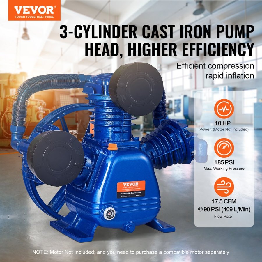 VEVOR 10 HP Air Compressor Pump – 17.5 CFM, 3-Cylinder