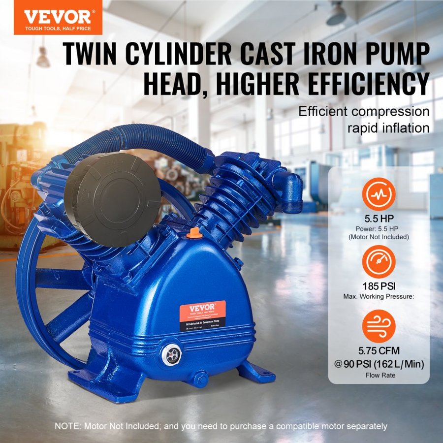 VEVOR Air Compressor Pump Head, 5.5HP 5.75CFM @ 90PSI, Twin Cylinder Oil Lubricated Air Compressor Piston Pump Head, Dual Stage V-Type Cast Iron Air Compressor Pump Replacement with Max. 185PSI Pressure