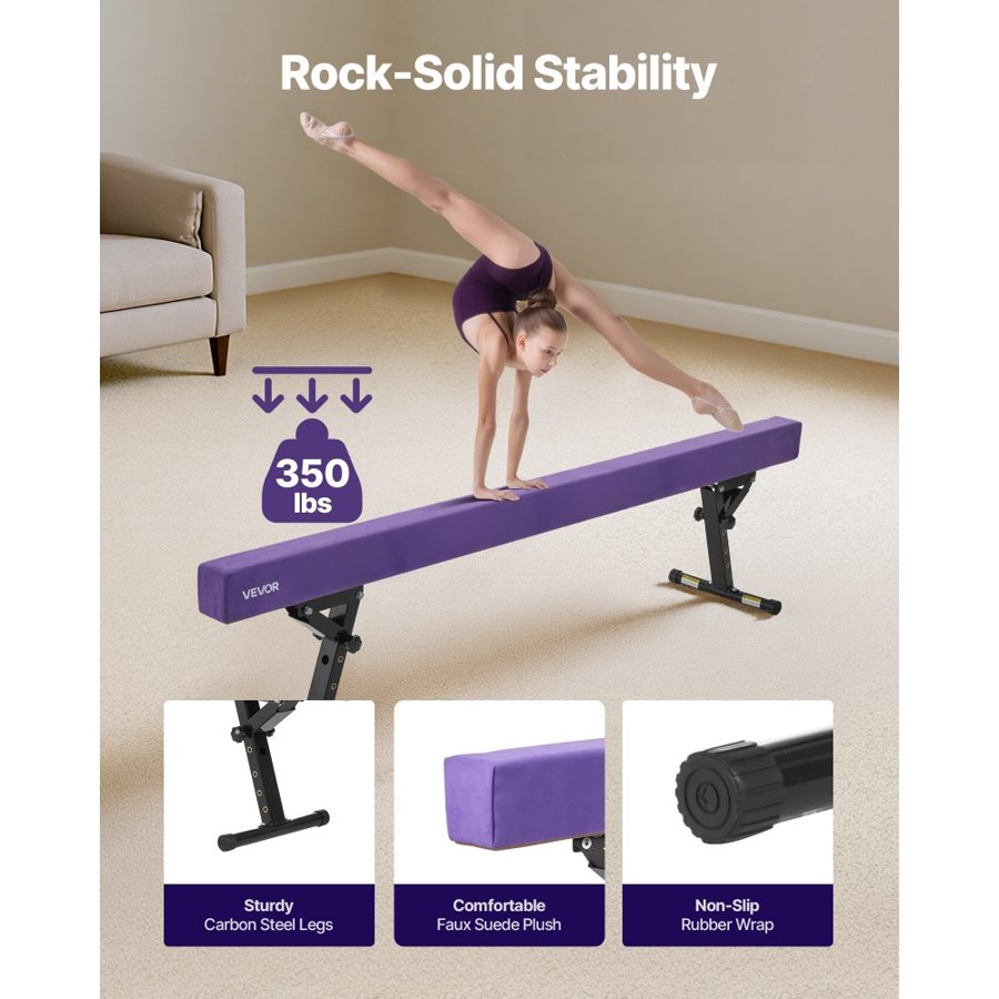 VEVOR Adjustable Balane Beam for Kids, 8FT Gymnastics Beam, High and Low Floor Beams of 5 Adjustable Heights for All Gymnastic Levels, Professional Gymnastic Equipment for Home and Gym Center, Purple