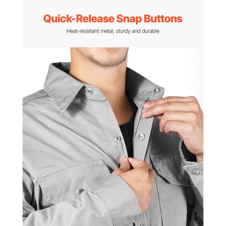 VEVOR FR Welding Jacket - L Size, 7oz. Flame-Resistant Cotton Welding Jacket, Machine Washable Heat-Resistant Safety Jacket with Metal Snap Buttons & Adjustable Cuff, Meet ATPV 9.2 Cal/cm² Arc Rating