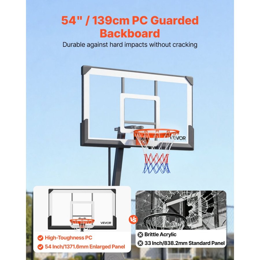 VEVOR Portable Basketball Stand, 2.3 to 3.05m Height Adjustment Basketball Hoop & Goal, Basketballs Hoop Outdoor with 1371.6mm PC Backboard for Kids, Adults in Schools, Parks, Forward-Tilting Design