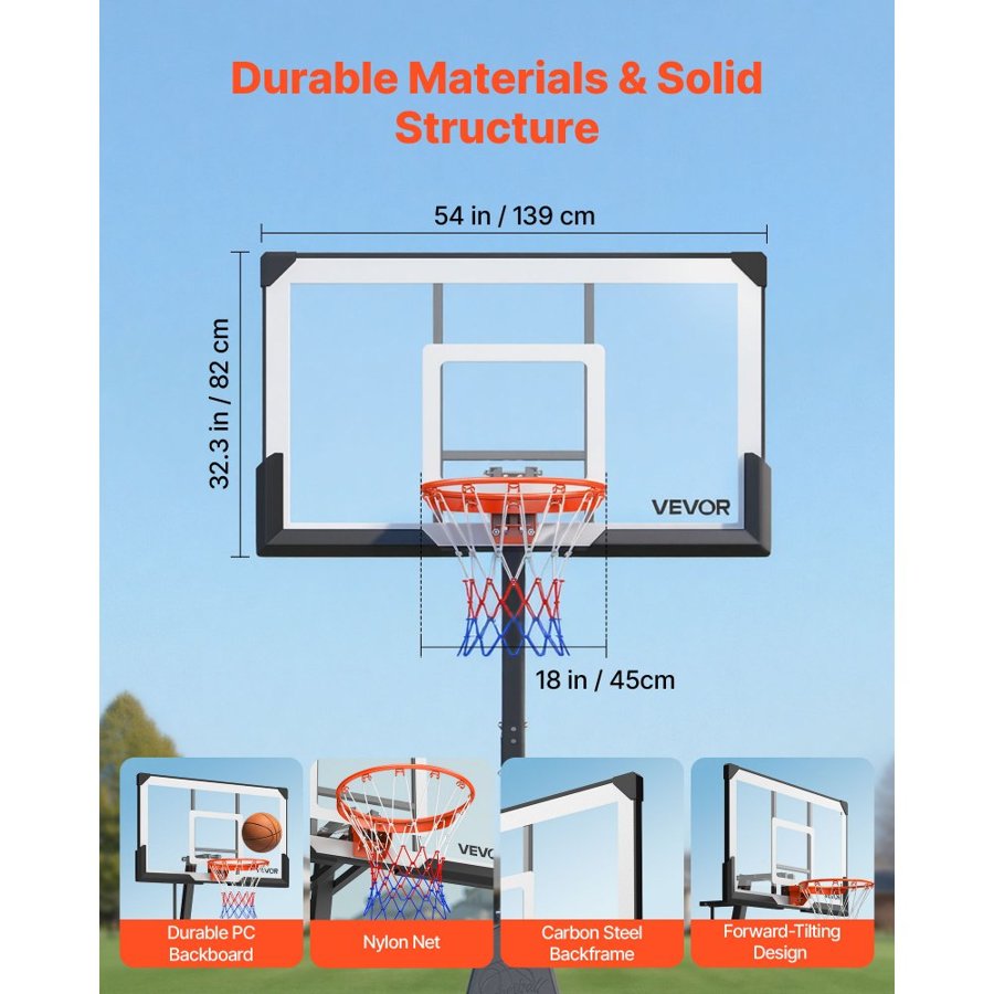 VEVOR Portable Basketball Stand, 2.3 to 3.05m Height Adjustment Basketball Hoop & Goal, Basketballs Hoop Outdoor with 1371.6mm PC Backboard for Kids, Adults in Schools, Parks, Forward-Tilting Design