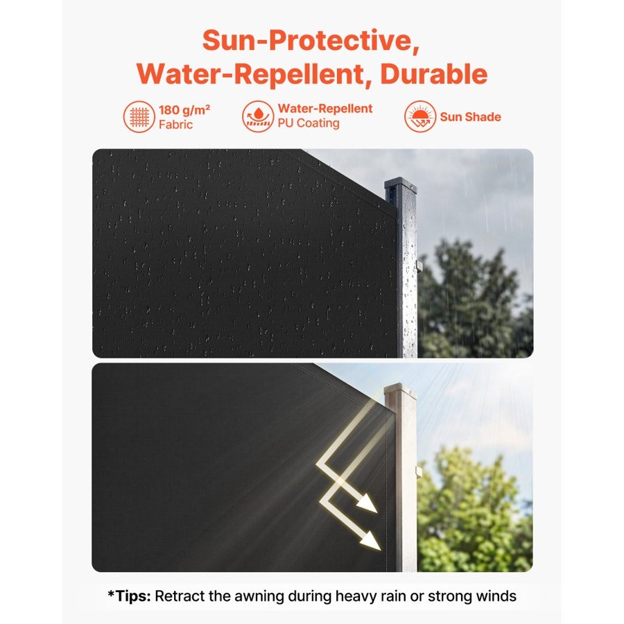VEVOR Retractable Side Awning, 180x300 cm Patio Retractable Side Screen with 180 g/m² Polyester Fabric, Waterproof Sunshade Outdoor Privacy Screen Room Divider for Garden, Balcony, Pools, Deck, Black