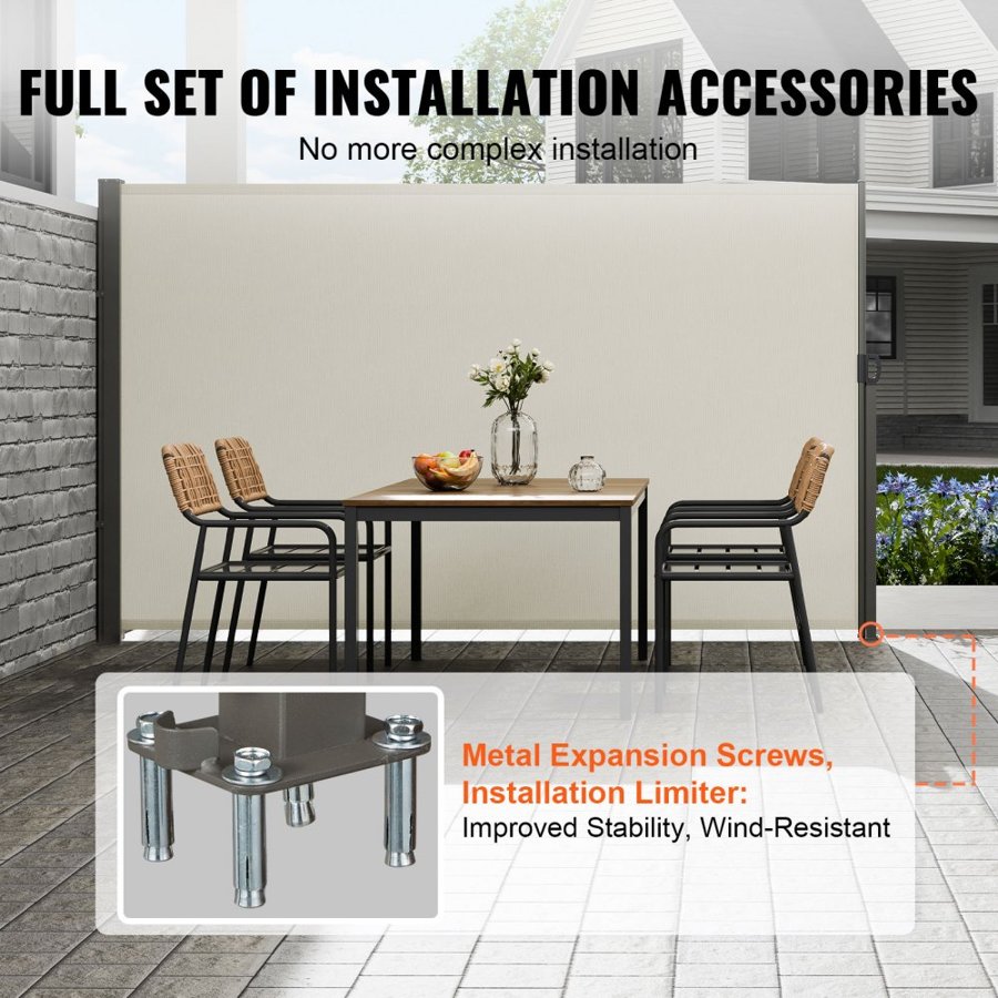 VEVOR Retractable Side Awning, 71''x 138'' Outdoor Privacy Screen, 180g Polyester Water-proof Retractable Patio Screen, UV 30+ Room Divider Wind Screen for Patio, Backyard, Balcony, Beige