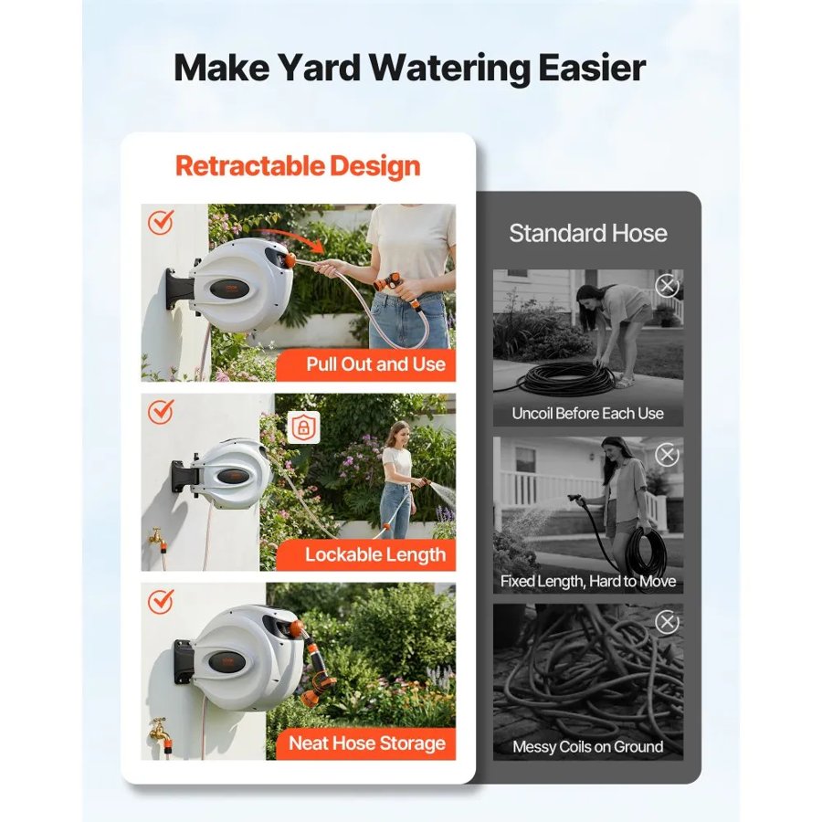 VEVOR Retractable Wall Mounted Garden Hose Reel – 35m, 180°