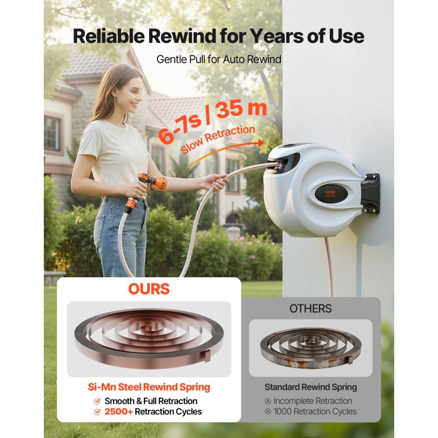 VEVOR Retractable Wall Mounted Garden Hose Reel – 35m, 180°