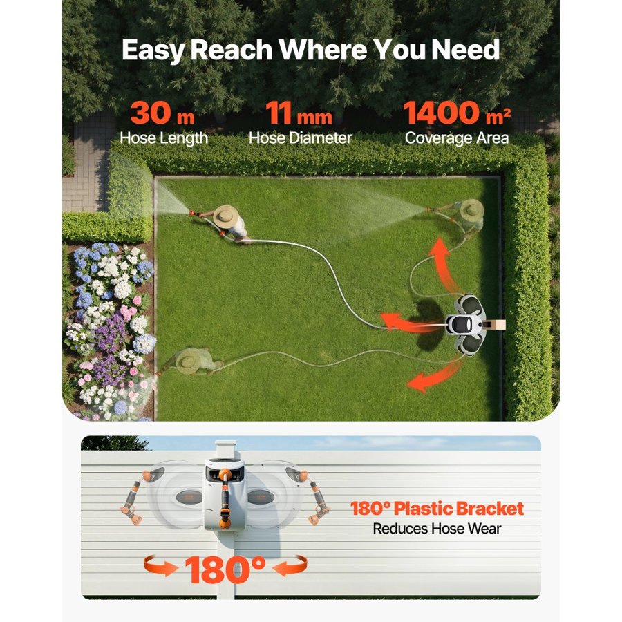 VEVOR Wall Mount Retractable Hose Reel – 30m, 180° Swivel
