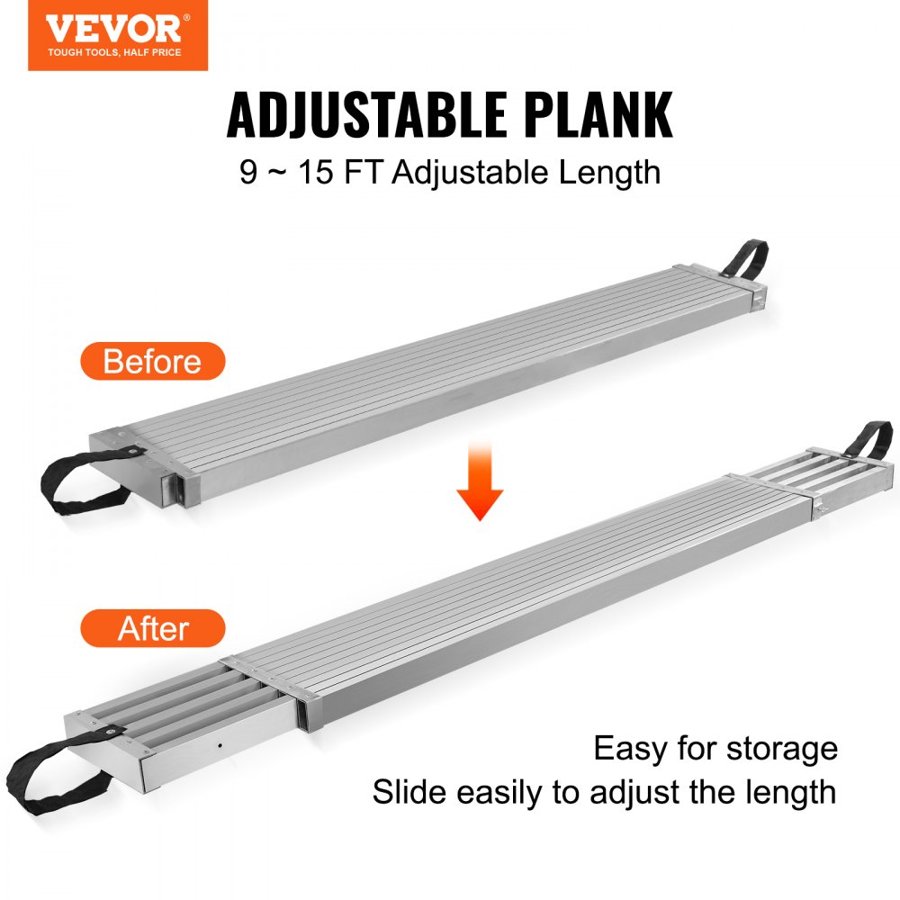 VEVOR Aluminum Work Plank Telescoping 9-15 ft/2.7-4.6 m 500 lb/226.8 kg Capacity Scaffold Plank