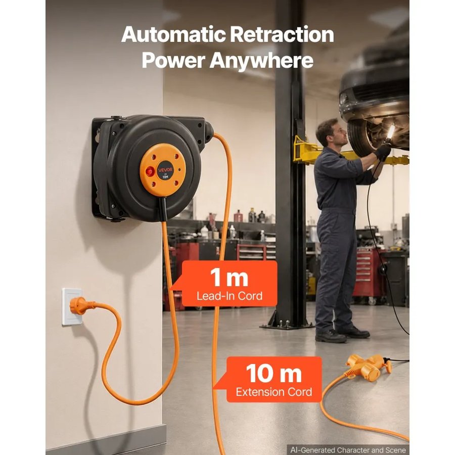 VEVOR Retractable Extension Cord Reel 10 M Heavy Duty 16AWG / 3C Orange, for Ceiling/Wall Mount, Overheat Protection, Automatic Retractable Power Cord, Lighted Triple Tap, with 180° Swivel Bracket