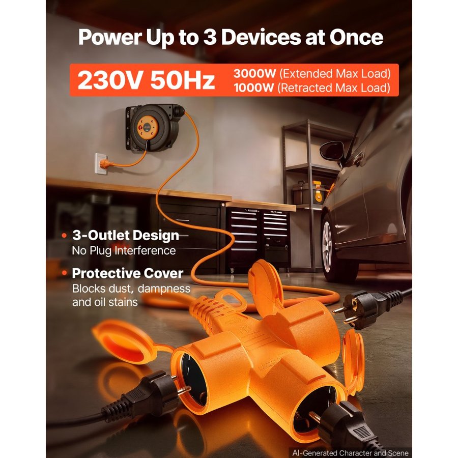 VEVOR Retractable Extension Cord Reel 10 M Heavy Duty 16AWG / 3C Orange, for Ceiling/Wall Mount, Overheat Protection, Automatic Retractable Power Cord, Lighted Triple Tap, with 180° Swivel Bracket