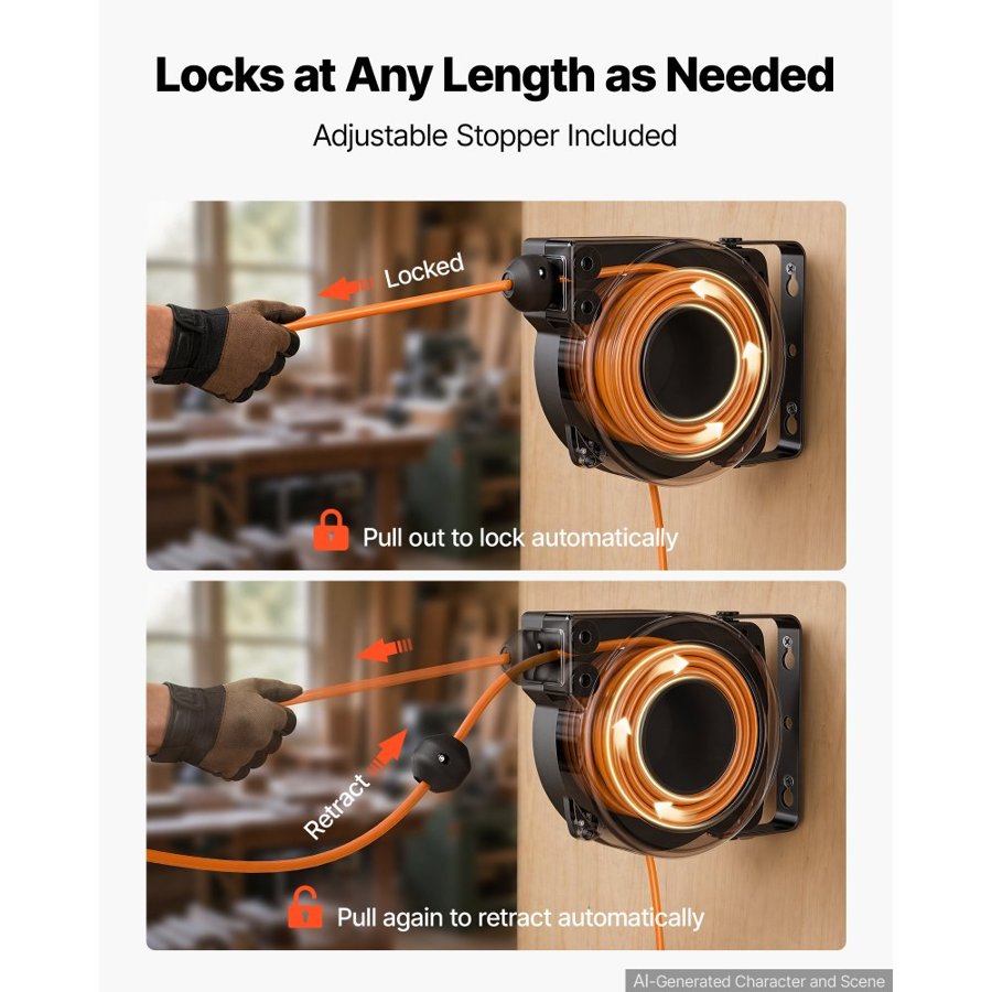 VEVOR Retractable Extension Cord Reel 10 M Heavy Duty 16AWG / 3C Orange, for Ceiling/Wall Mount, Overheat Protection, Automatic Retractable Power Cord, Lighted Triple Tap, with 180° Swivel Bracket