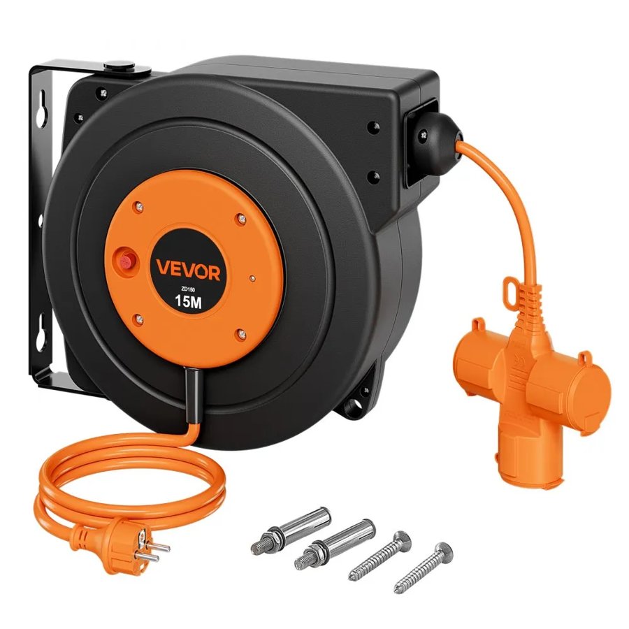 VEVOR Retractable Extension Cord Reel 15 M Heavy Duty 16AWG / 3C Orange, for Ceiling/Wall Mount, Overheat Protection, Automatic Retractable Power Cord, Lighted Triple Tap, with 180° Swivel Bracket