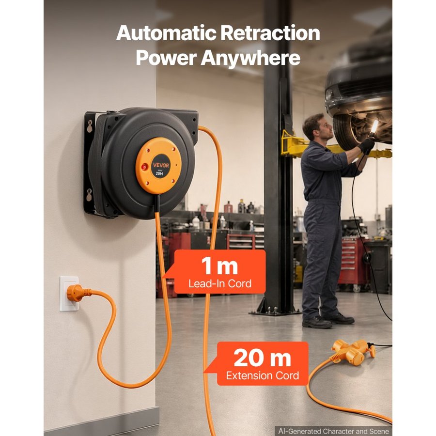 VEVOR Retractable Extension Cord Reel 20 M Heavy Duty 16AWG / 3C Orange, for Ceiling/Wall Mount, Overheat Protection, Automatic Retractable Power Cord, Lighted Triple Tap, with 180° Swivel Bracket