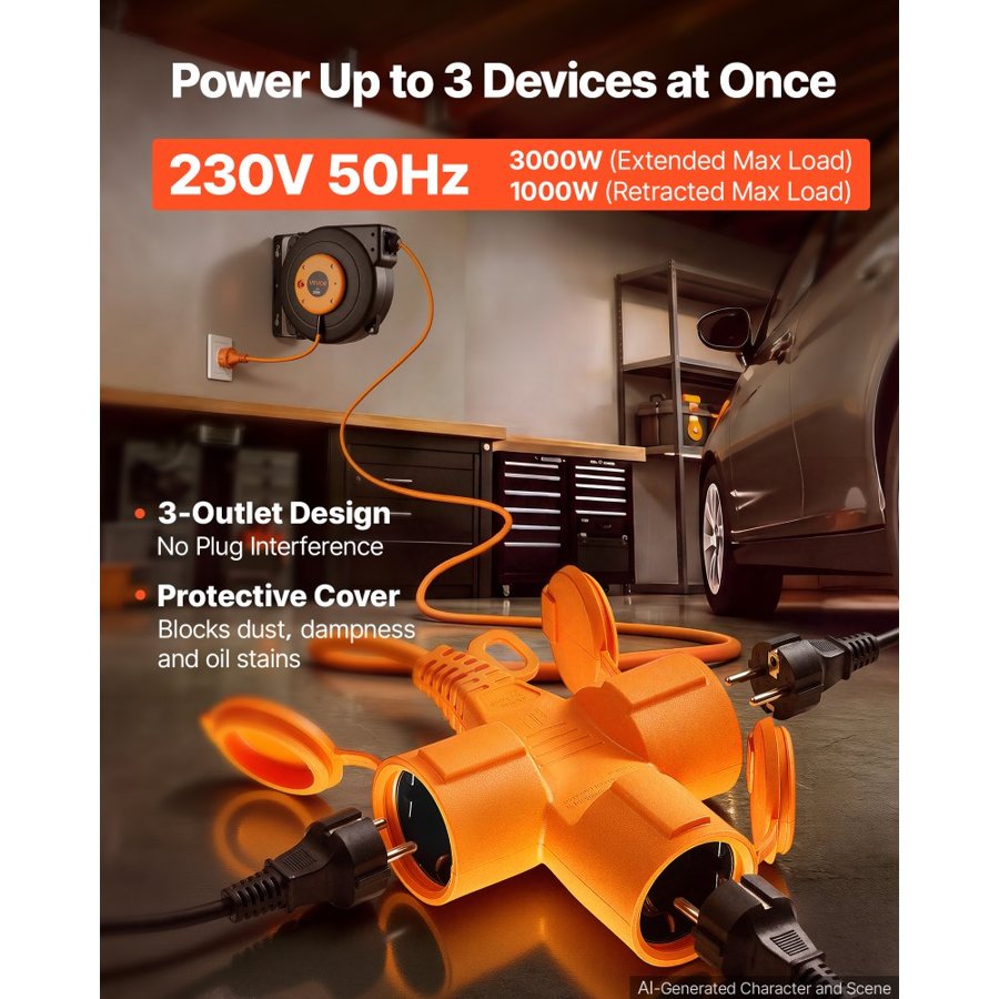 VEVOR Retractable Extension Cord Reel 20 M Heavy Duty 16AWG / 3C Orange, for Ceiling/Wall Mount, Overheat Protection, Automatic Retractable Power Cord, Lighted Triple Tap, with 180° Swivel Bracket