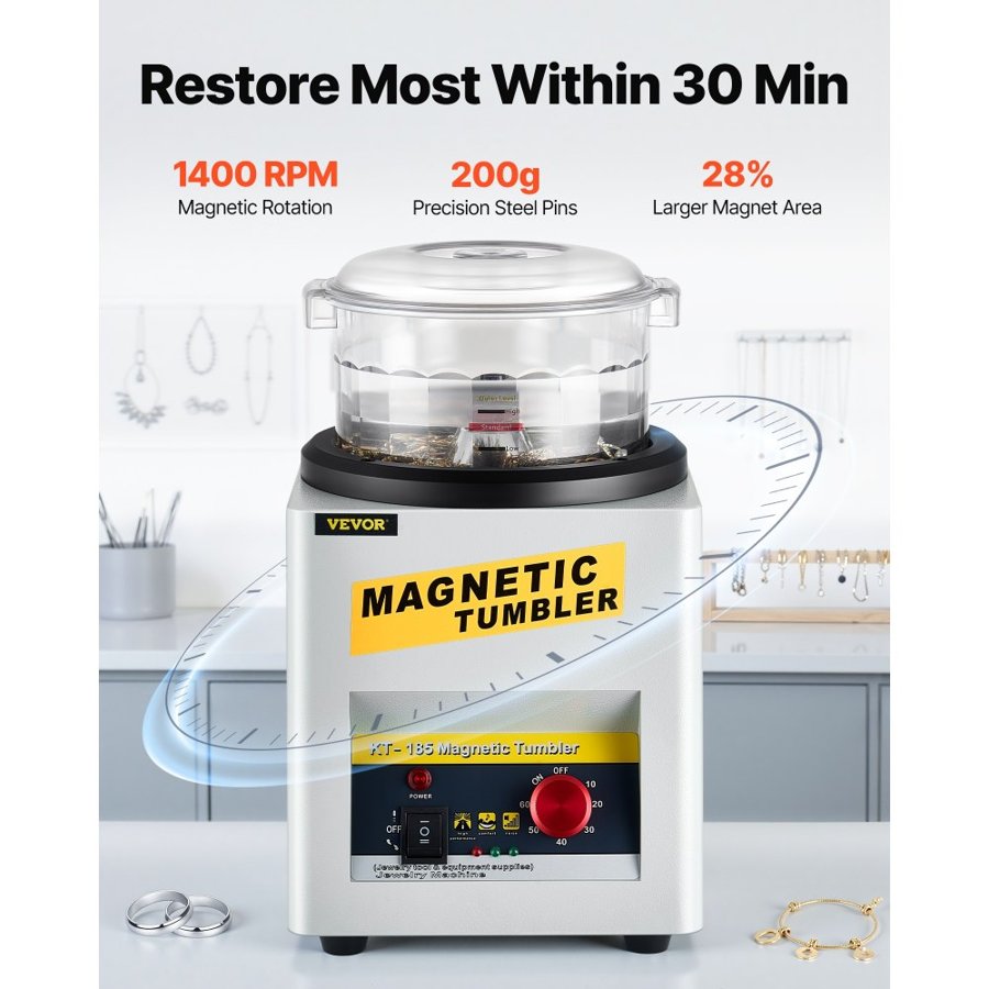 VEVOR KT-185 Magnetic Tumbler 180mm Jewelry Polisher Tumbler and Finisher for Polishing with Adjustable Direction and Time for Jewelry