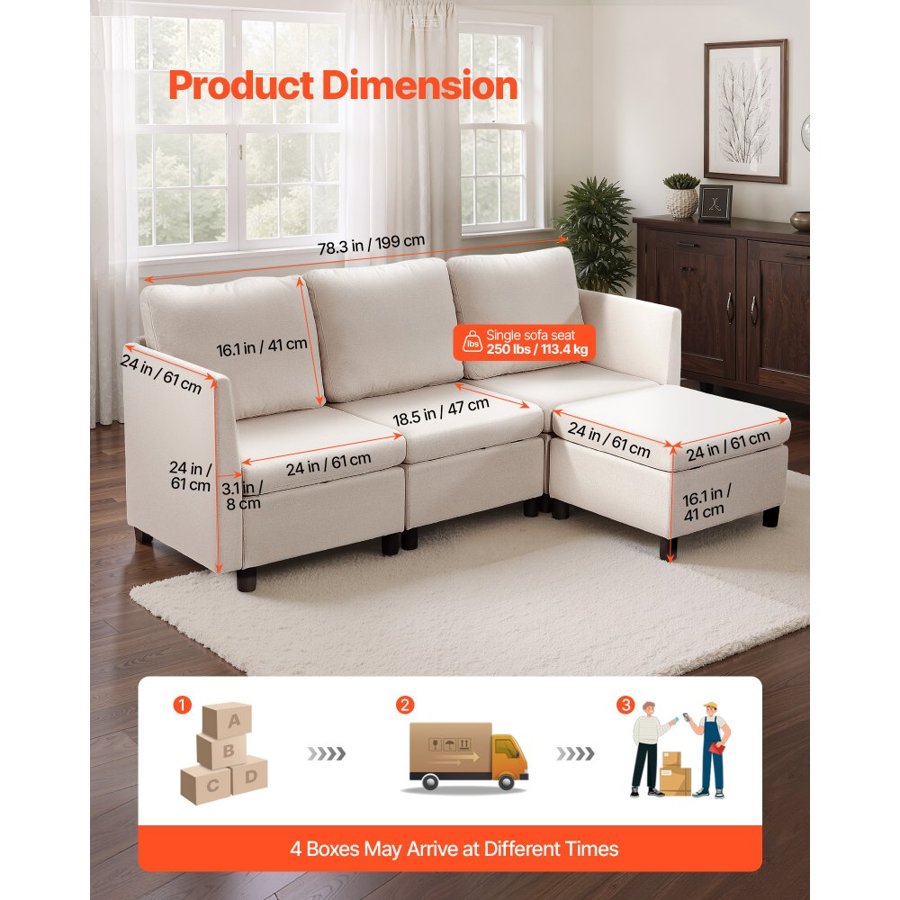 VEVOR 3-Seater Modular Sectional Sofa Couch –  250 lbs