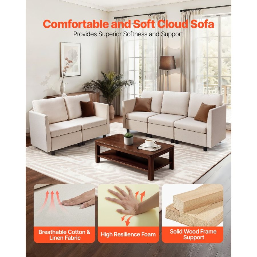 VEVOR 5 Seater Modular Sofa – Beige, 250 Lb Solid Wood