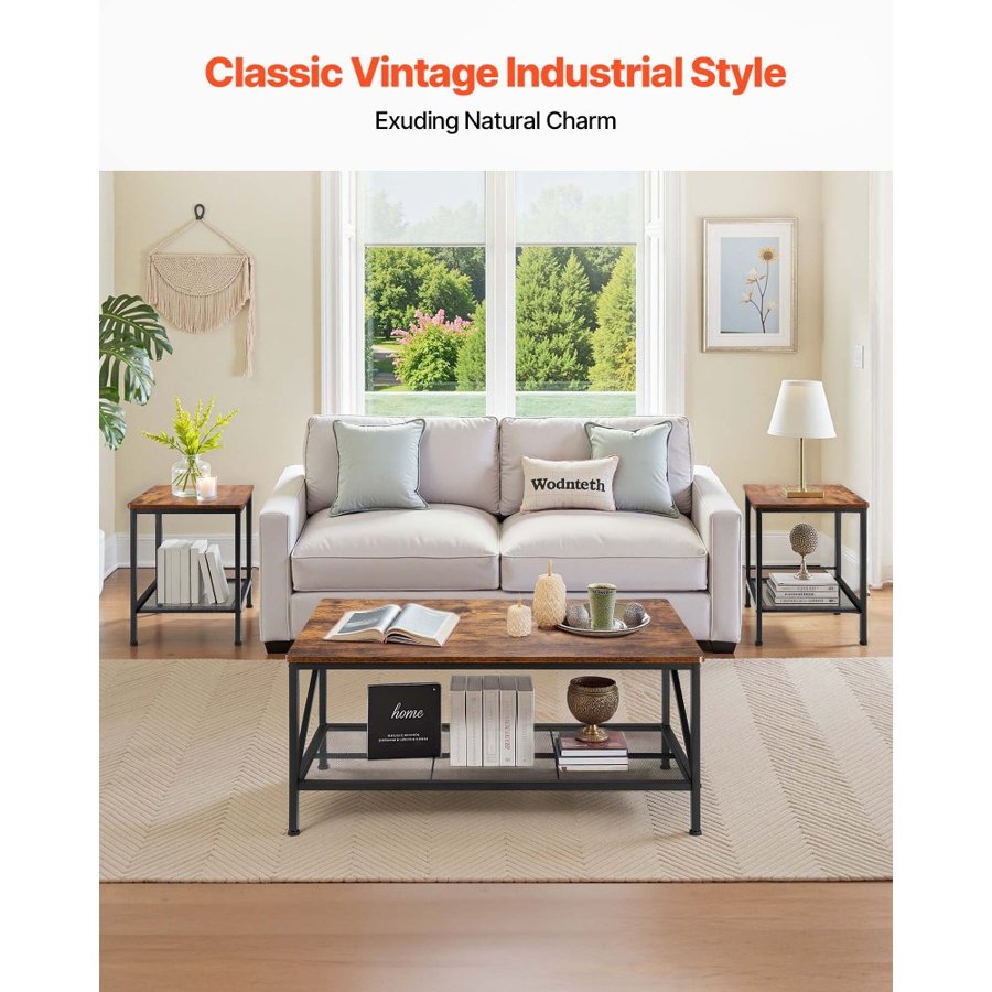 VEVOR 3 Pieces Living Room Table Sets, 105 cm Industrial Coffee Table with 2 Square End Side Tables, Easy Assembly Coffee and End Tables Sets with Metal Legs, for Office, Living Room and Apartment