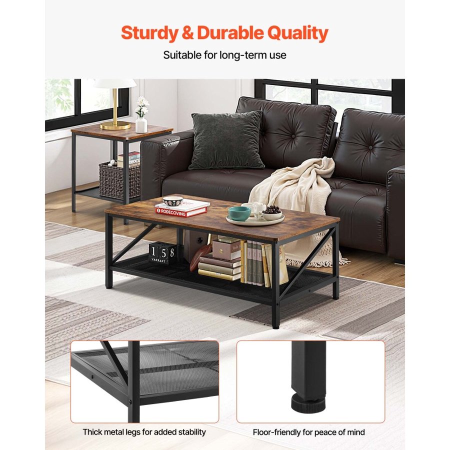VEVOR 3 Pieces Living Room Table Sets, 105 cm Industrial Coffee Table with 2 Square End Side Tables, Easy Assembly Coffee and End Tables Sets with Metal Legs, for Office, Living Room and Apartment