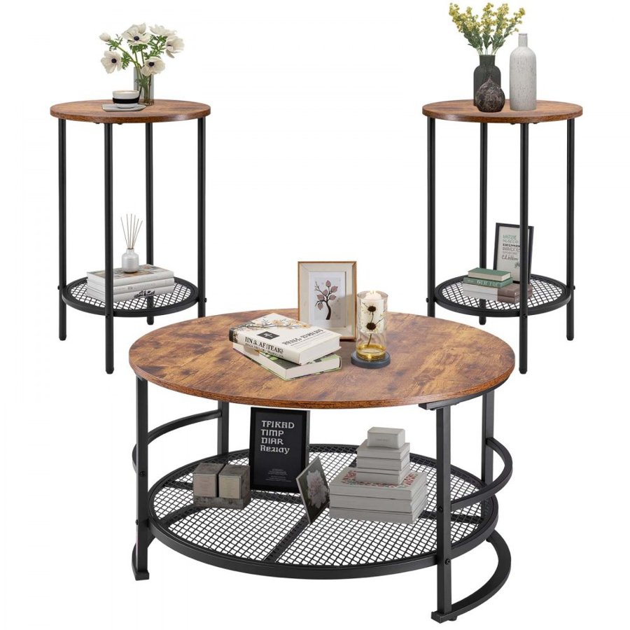 VEVOR 3 Pieces Round Coffee Table Sets, 80 cm Industrial Living Room Table with 2 End Side Tables, Easy Assembly Coffee and End Tables Sets with Metal Legs, for Office, Living Room and Apartment