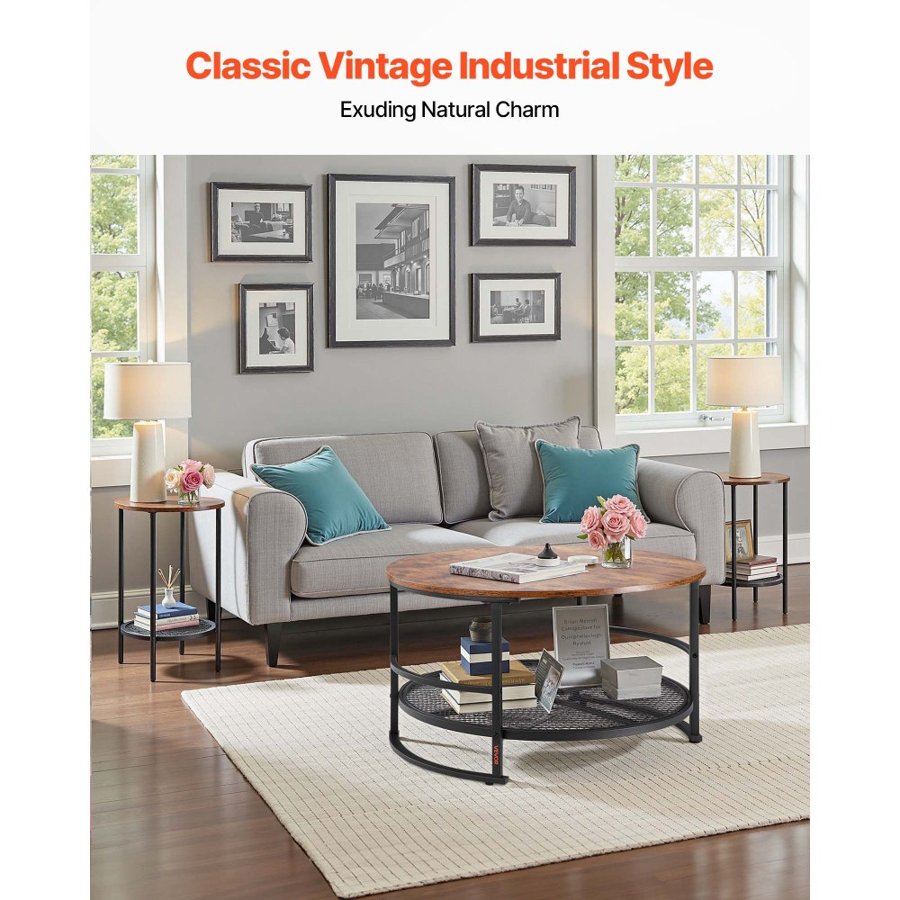 VEVOR 3 Pieces Round Coffee Table Sets, 80 cm Industrial Living Room Table with 2 End Side Tables, Easy Assembly Coffee and End Tables Sets with Metal Legs, for Office, Living Room and Apartment