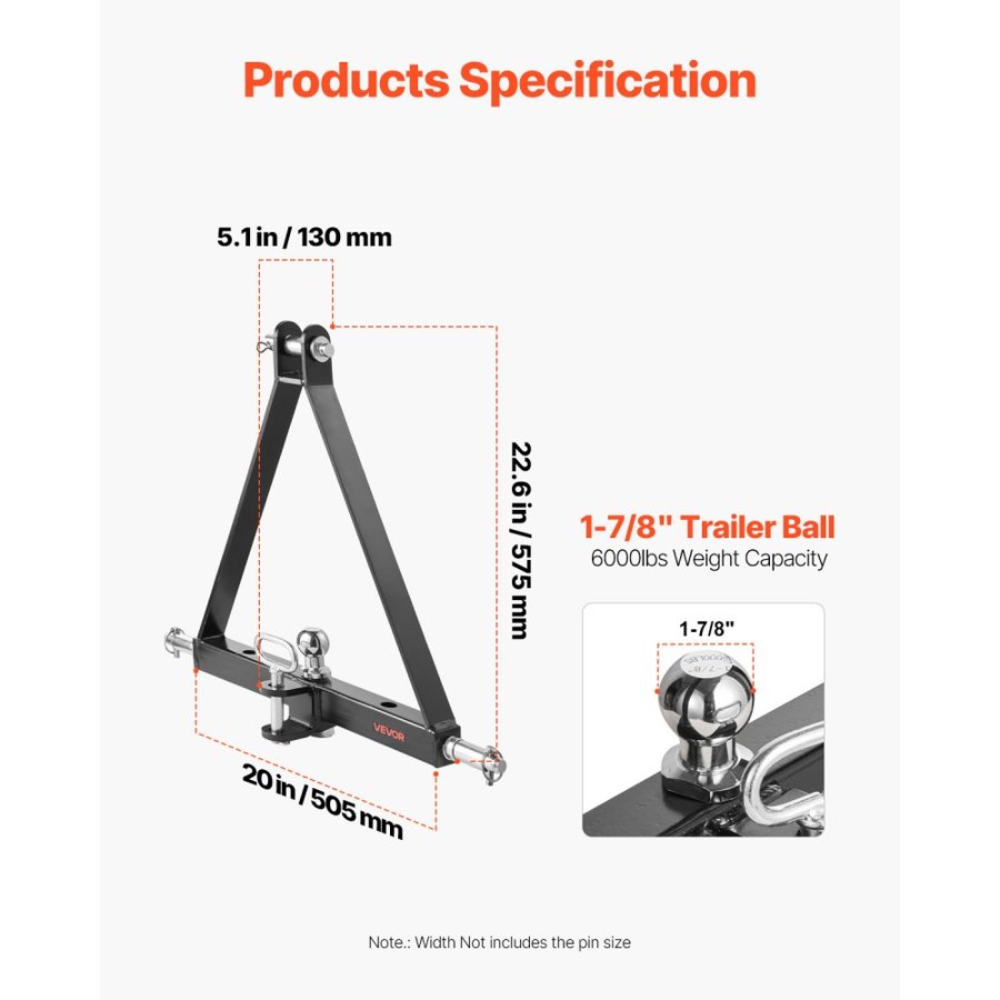 VEVOR 3 Point Hitch Receiver with 2 in Receiver, 3pt Quick Hitch Attachment, 6,000 lbs Capacity, Heavy Duty Tractor Tow Drawbar Adapter, Compatible with Kubota, Mahindra, John Deere, Massey Ferguson